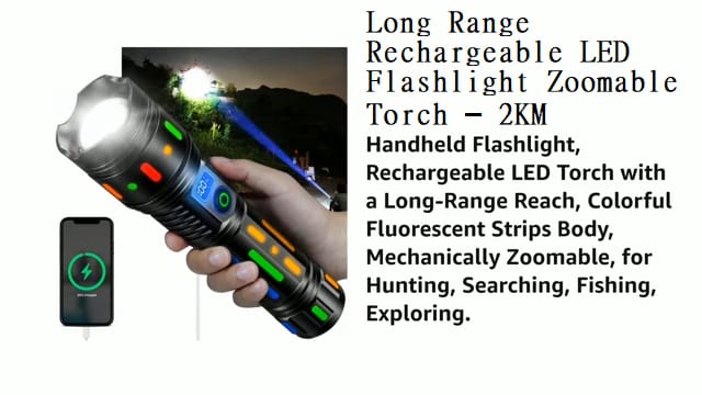 Long Range Rechargeable LED Flashlight Zoomable Torch – 2KM, Torch with a 40000 mah battery, for Hunting, Searching, Fishing, Exploring