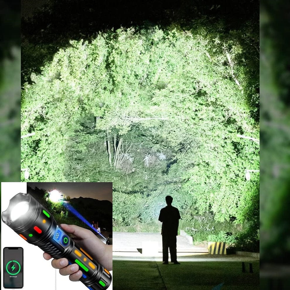 Long Range Rechargeable LED Flashlight Zoomable Torch – 2KM, Torch with a 40000 mah battery, for Hunting, Searching, Fishing, Exploring